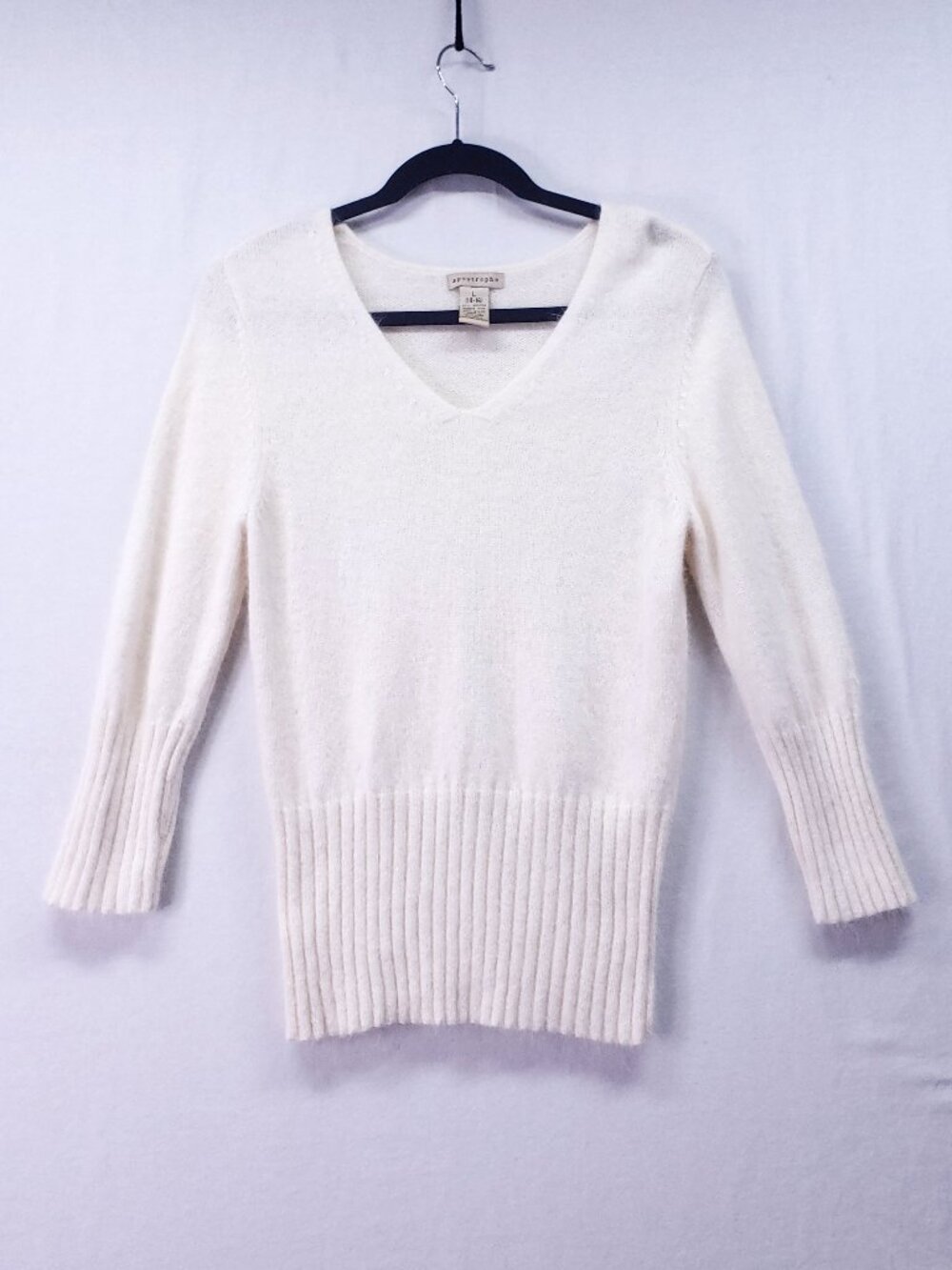 Apostrophe Womens Sweater Size L (14-16) Angora Blend White Stretchy V Neck